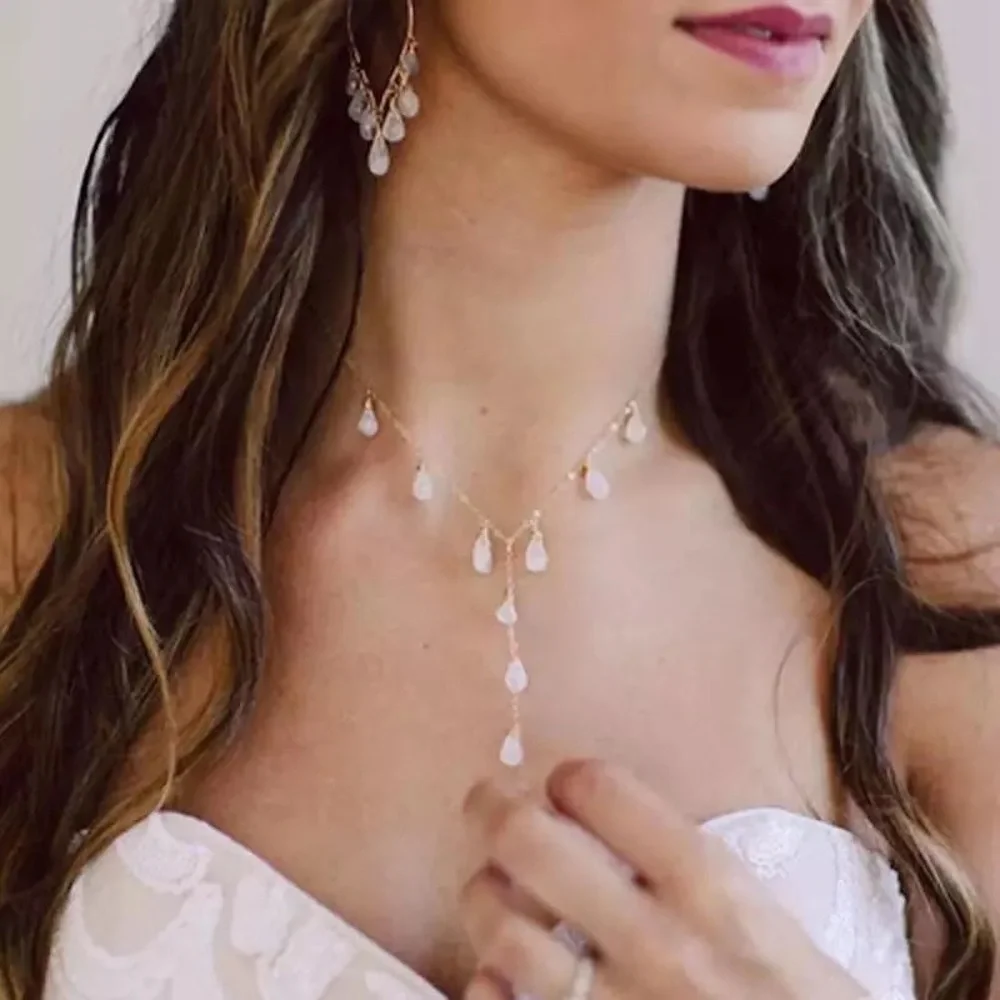 "Vera" Teardrop Gem Layered Minimalist Statement Casual/Formal Gold Necklace - Picture 2 of 7